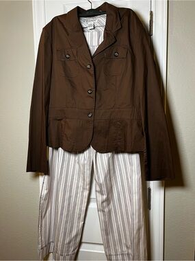 Vintage Alexandra Bartlett Brown Jacket with Cream Striped Wide-Leg Pants suit